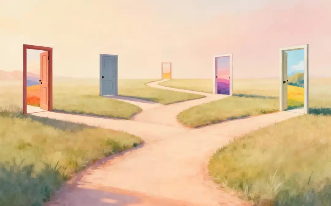 Puertas abiertas en diferentes senderos, imagen que representa la libertad y responsabilidad en las decisiones propias.