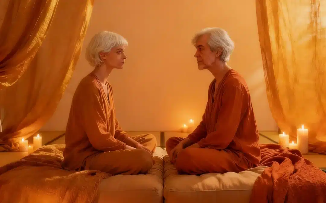 Dos personas mayores, de cabello canoso y aspecto sereno, están sentadas cara a cara sobre futones en un espacio cálido y acogedor. Ambas visten ropa cómoda de tonos tierra, rodeadas de cortinas translúcidas y velas encendidas, lo que crea un ambiente íntimo y relajante, ideal para la práctica sexual consciente, la conexión humana y la reflexión.