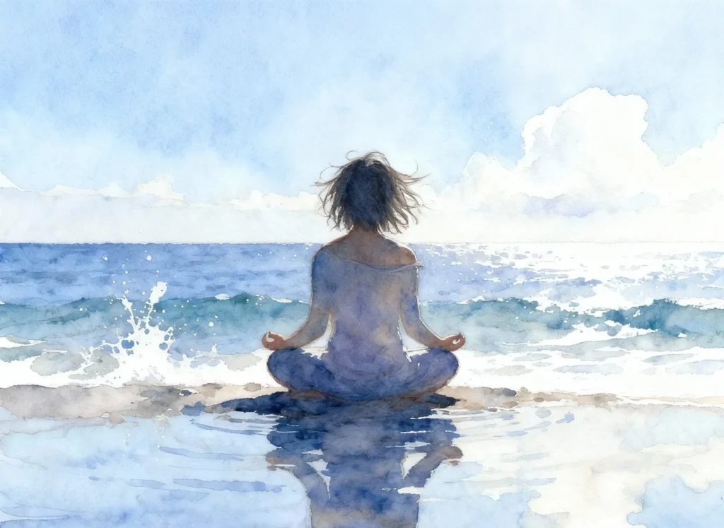 Servicios. Exploración cognitiva sexual Servicios facilitadora sexual. Persona meditando sentada frente al mar, con el reflejo en el agua y el horizonte despejado, simbolizando introspección y calma en un entorno natural.