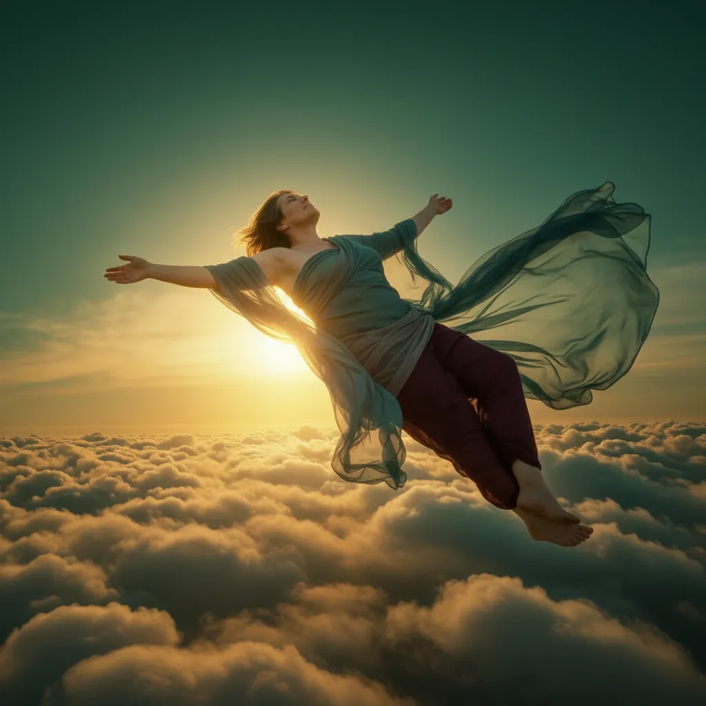Servicios. Masaje integrativo genital consciente Servicios facilitadora sexual. Mujer con cuerpo no normativo flotando entre nubes, metáfora de reparación y seguridad en el masaje genital consciente.