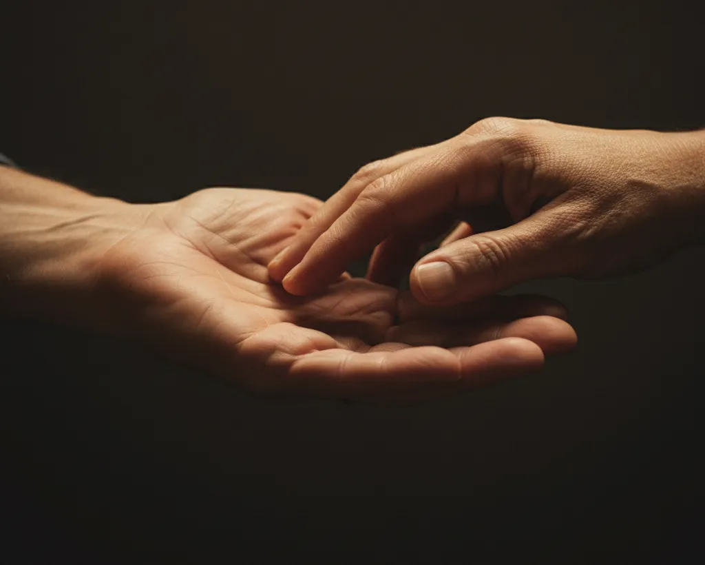 Servicios. Práctica sexual consciente Servicios facilitadora sexual. Mano abierta de una persona madura recibiendo el contacto ligero de otra mano, simbolizando práctica de límites y confianza.