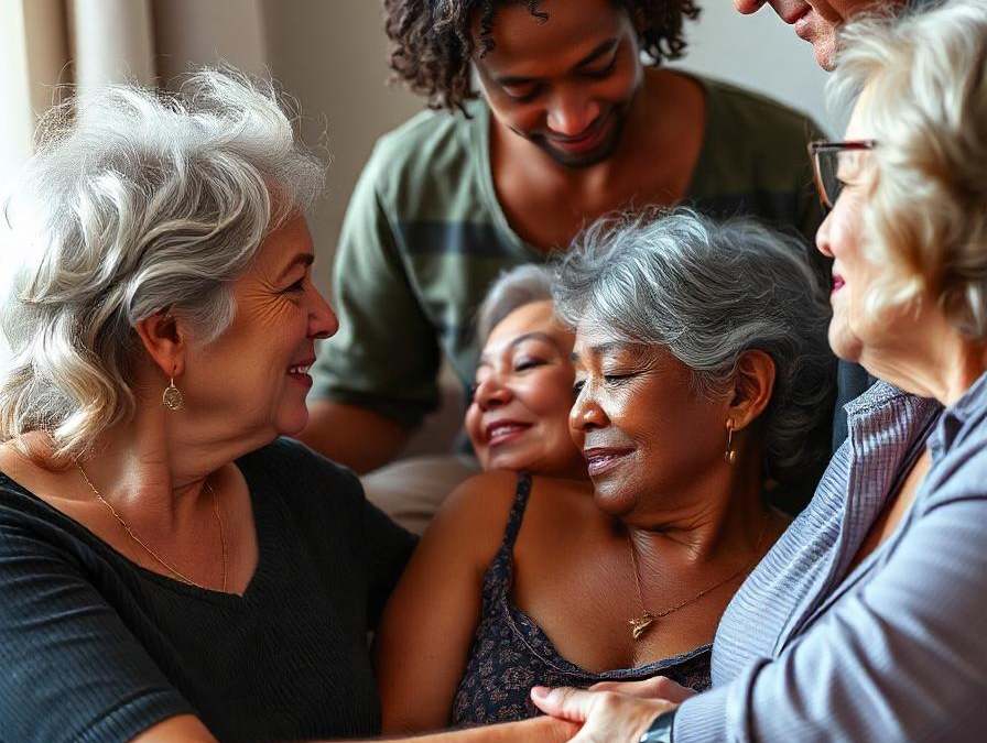 Mujeres y hombres de edad avanzada reunidos en intimidad, compartiendo cercanía y cuidado.