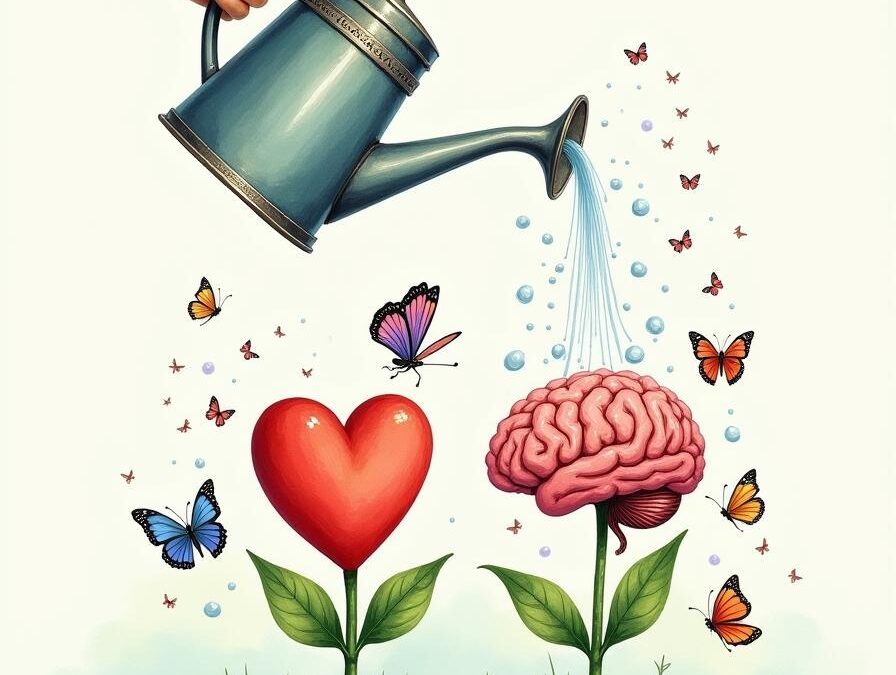 Regadera regando un corazón y un cerebro en forma de planta, símbolo de crecimiento y práctica sexual consciente.